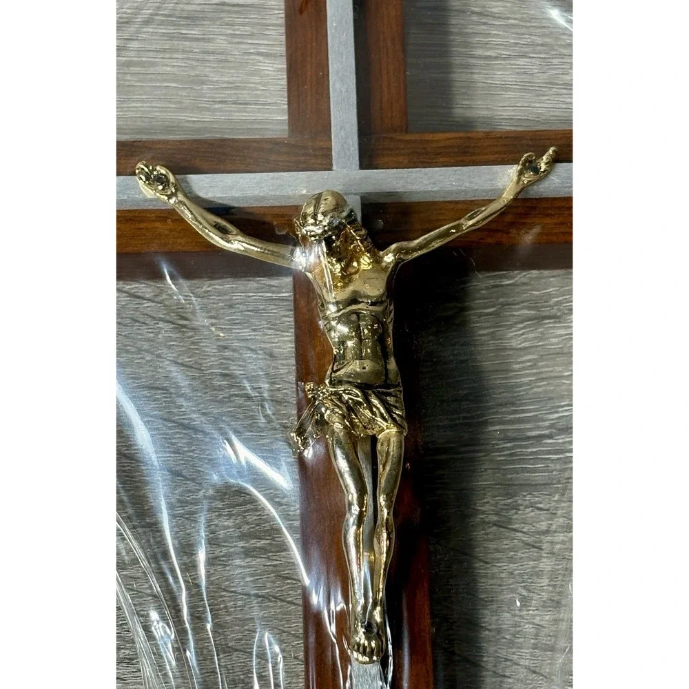 Vintage Wooden Crucifix w/Metal Inlays & Jesus Christ 16